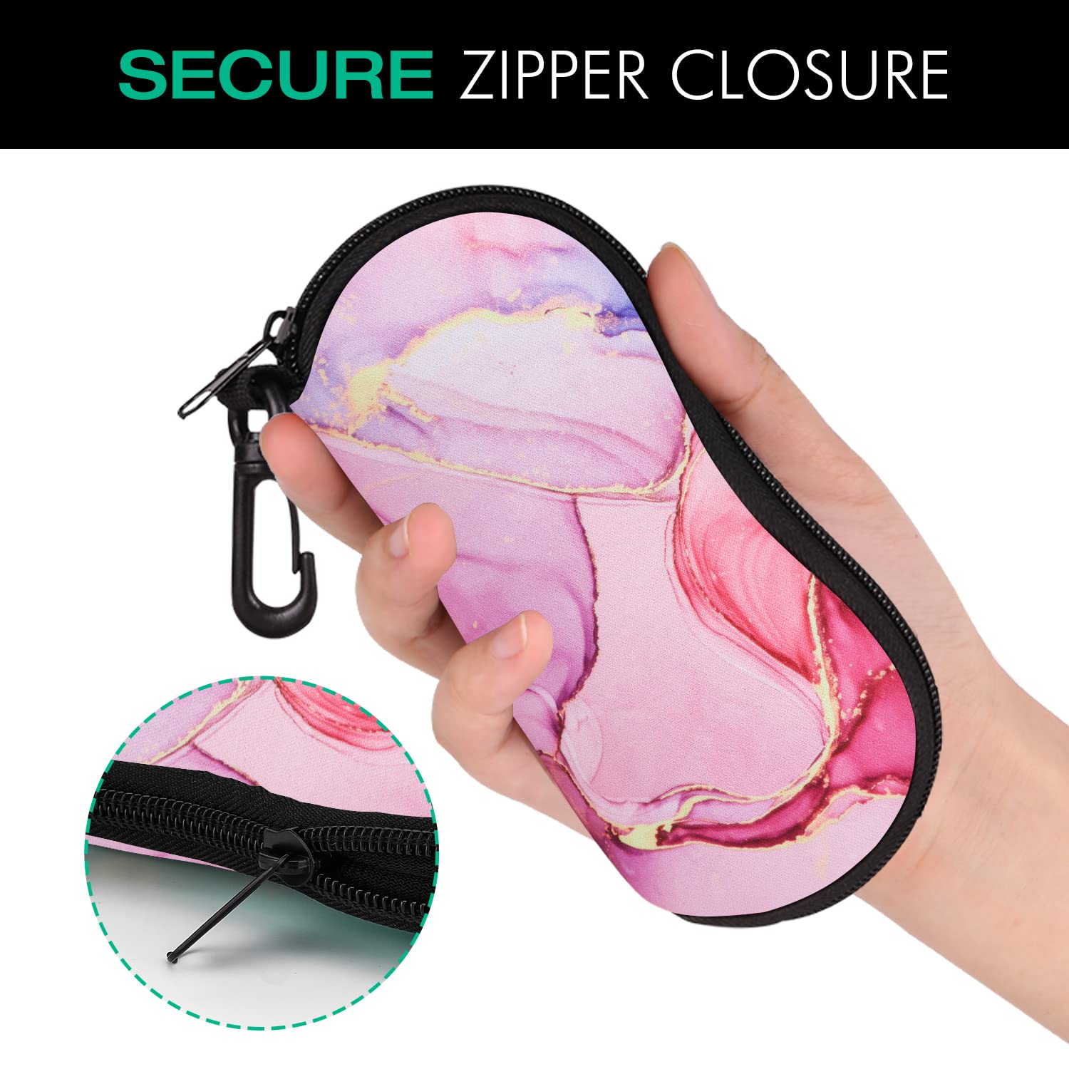 MoKo Sunglasses Soft Case Ultra Light Neoprene Zipper Eyeglass Case with Clip, Cloudy Pink