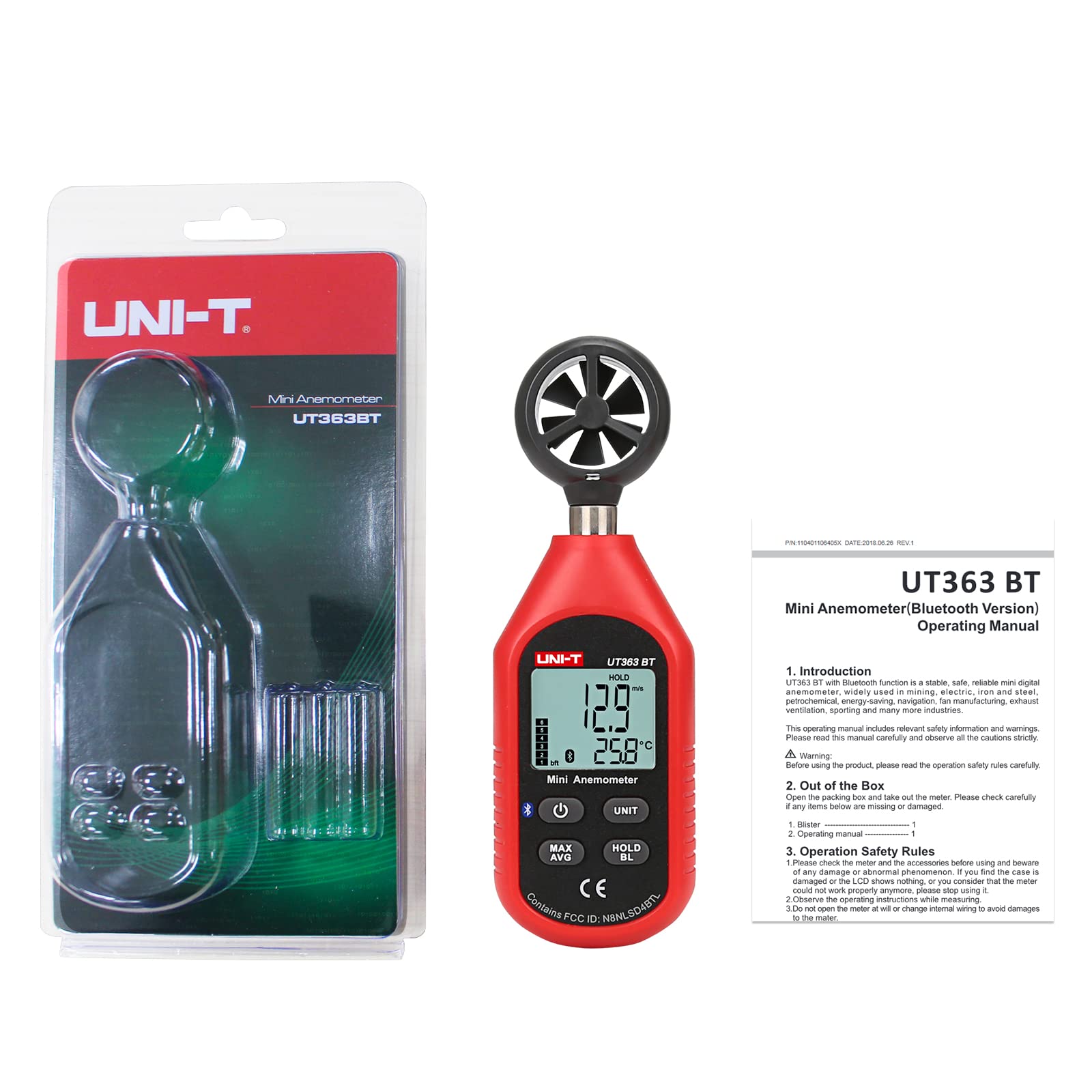 UNI-T Digital Anemometer UT363BT Handheld Wind Speed Meter Wind Chill Air Temperature Gauge -14° ~122°F /-10°C~50°C for HVAC Shooting Drone with LCD Backlit Max/Avg Data Hold