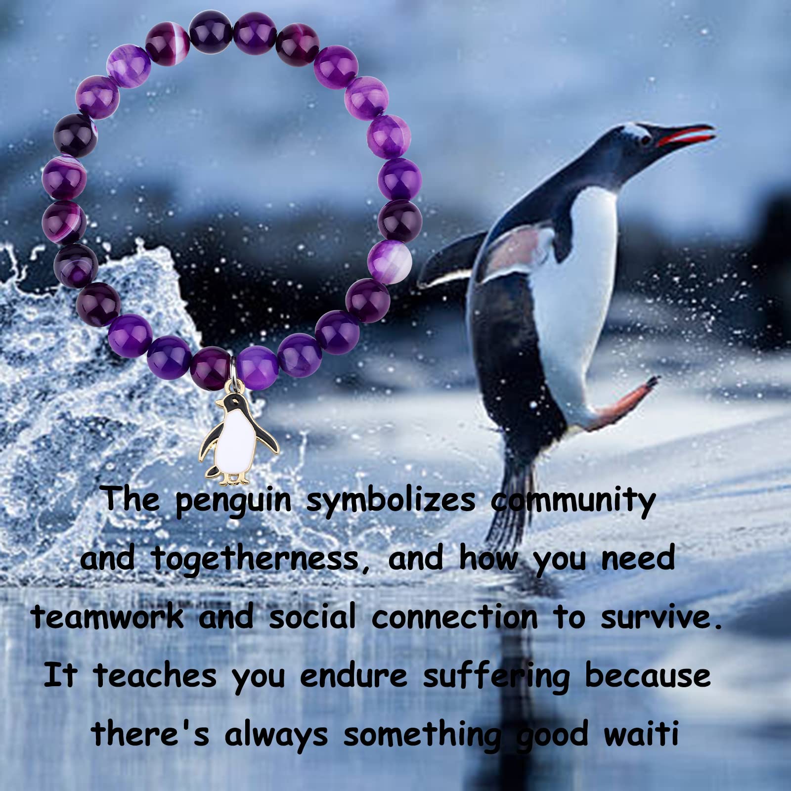 PARTNER Penguin Bracelet Penguin Gifts Inspirational Penguin Gifts for Penguin Lover Friend Couple (Amethyst Beads Penguin Bracelet)