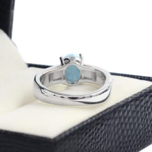 March Birthstone 9X7 MM Oval Natural Blue Larimar Cabochon Gemstone 925 Sterling Silver Solitaire Unisex Proposal Ring For Love and Friendship Gift (Rhodium Plated Silver, 7)