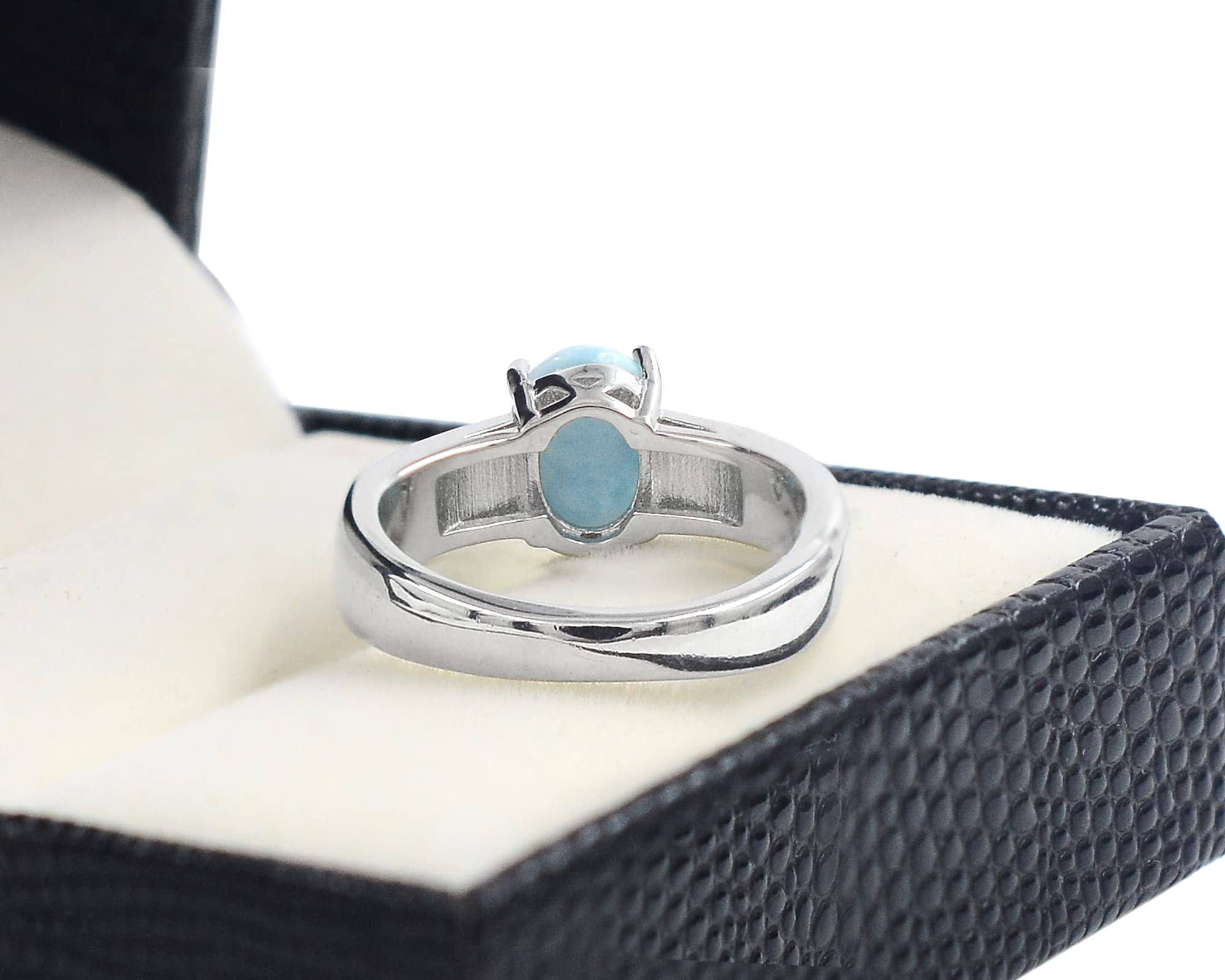 March Birthstone 9X7 MM Oval Natural Blue Larimar Cabochon Gemstone 925 Sterling Silver Solitaire Unisex Proposal Ring For Love and Friendship Gift (Rhodium Plated Silver, 7)