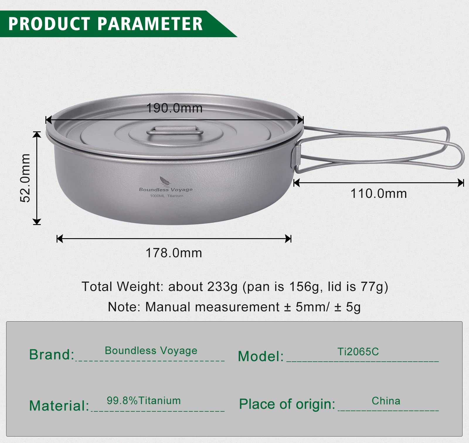 Boundless Voyage Titanium Frying Pan with Lid Portable Folding Handles Outdoor Camping Skillet Griddle Ultralight Cookware Hiking Backpacking