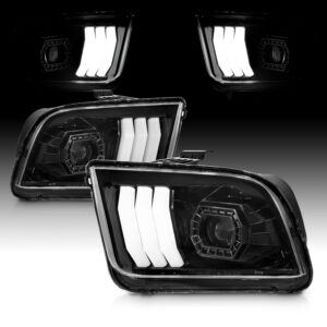 AmeriLite for 2005-2009 Ford Mustang LED Tube Square Projector Black Headlights Headlamps Assembly Pair - Driver and Passenger Side