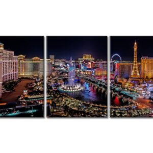 TUMOVO Canvas Painting Las Vegas Nevada Cityscape Wall Art Home Decor for Living Room Prints 3 Pieces Bellagio Casino Night View Poster Pictures Stretched Framed Ready to Hang, 12"x16"x3 Panels