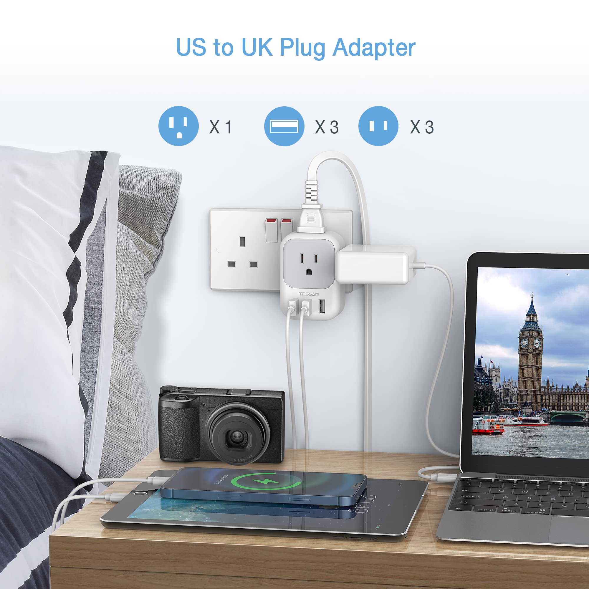 2 Pack US to UK Plug Adapter, TESSAN Ireland Scotland Type G Power Adapter, 4 American Outlets 3 USB, Travel Adaptor Converter for USA to England London British Hong Kong Irish Kenya Dubai Qatar