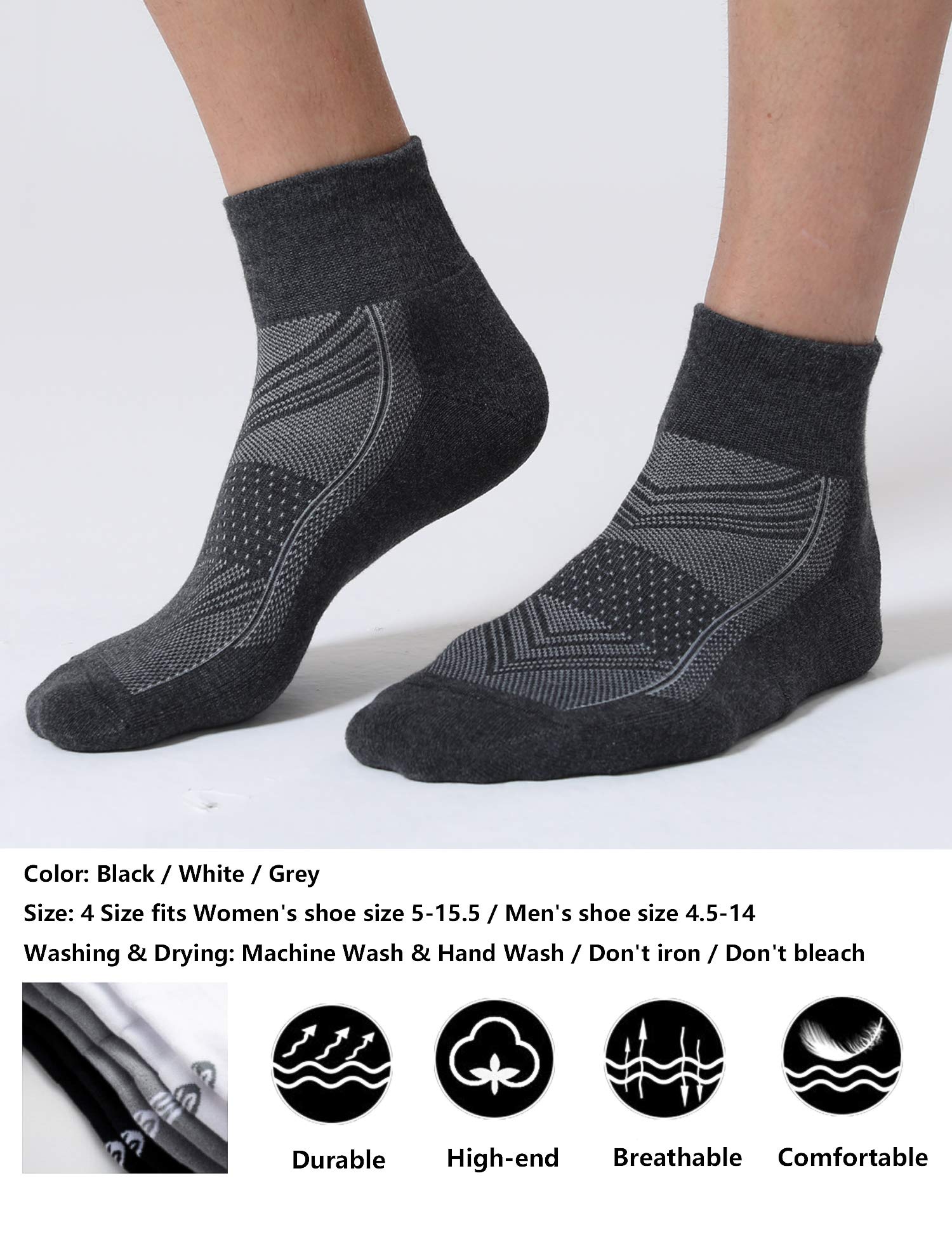 CelerSport 6 Pack Men's Ankle Socks with Cushion, Sport Athletic Running Socks, 3 Dark Gray + 3 Gray, Large