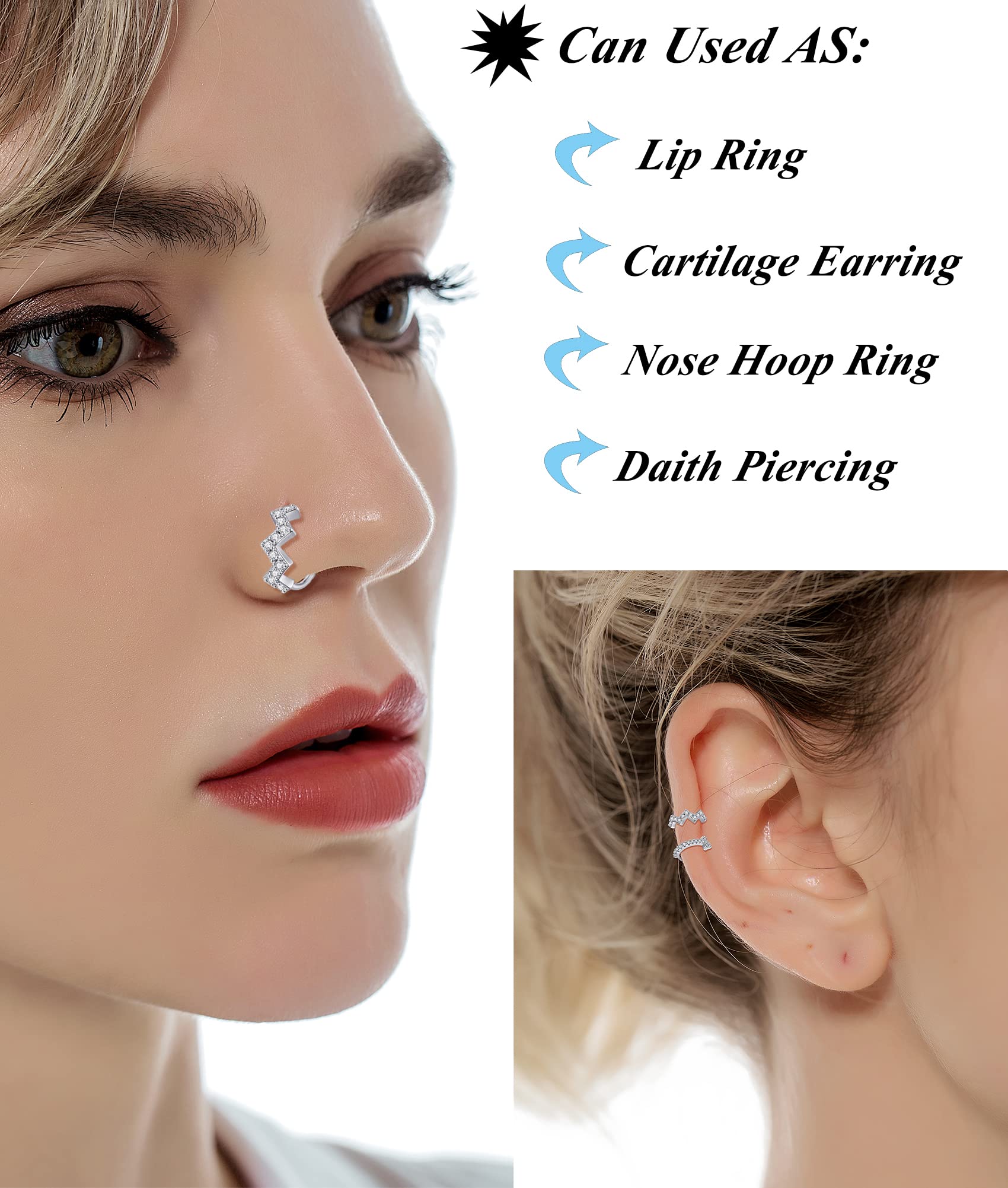 Tornito 10Pcs Nose Ring Hoop Paved Flower Leaf Feather CZ Cartilage Earrings Nose Piercing Jewelry for Women Men Silver Gold Rose Gold Tone 20G (H: Silver Tone)