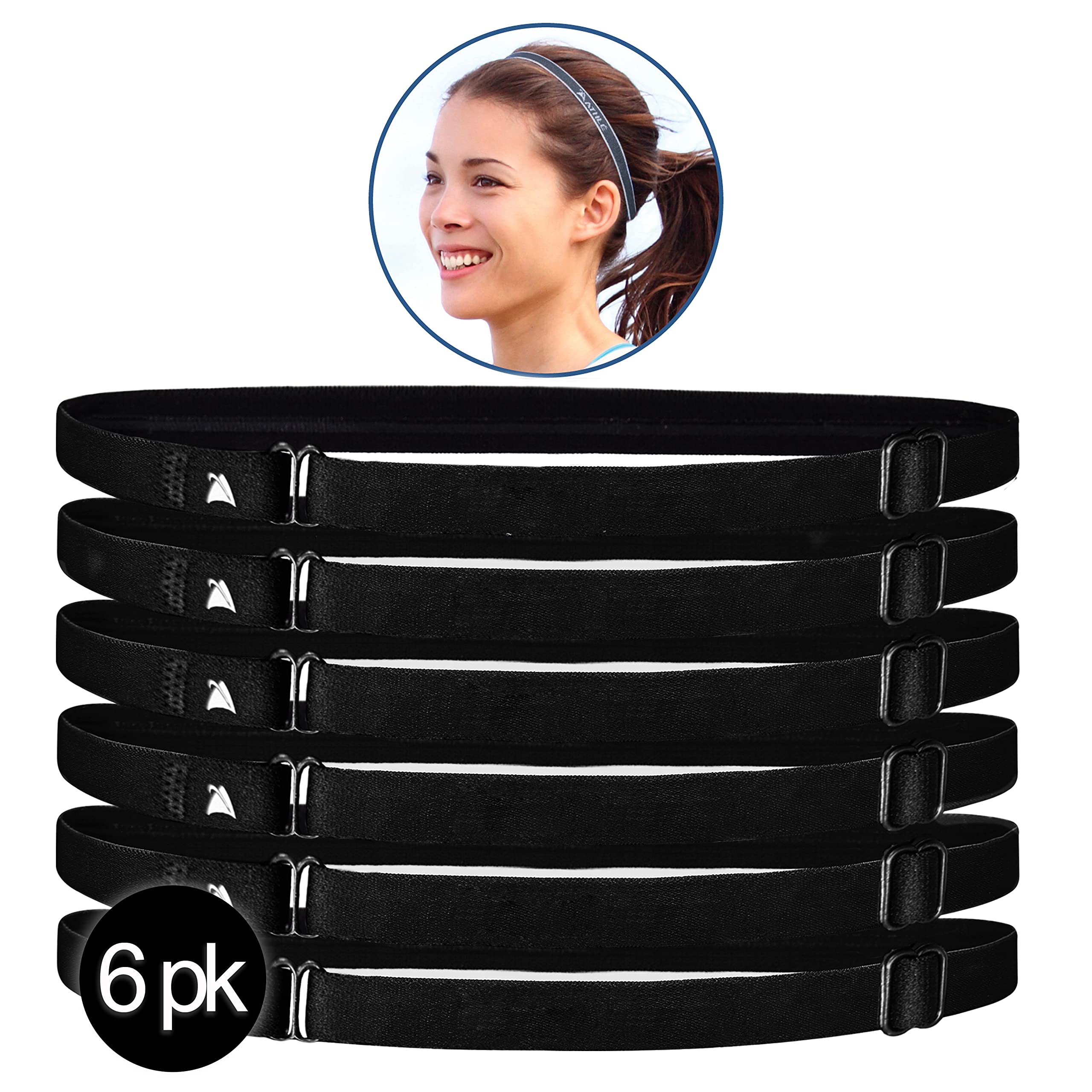 Athlé Adjustable Skinny Headbands for Women and Men - 6 Pack - Elastic Hair Bands with Non Slip Silicone Grip - Lightweight and Comfortable Adjustable Thin Headbands