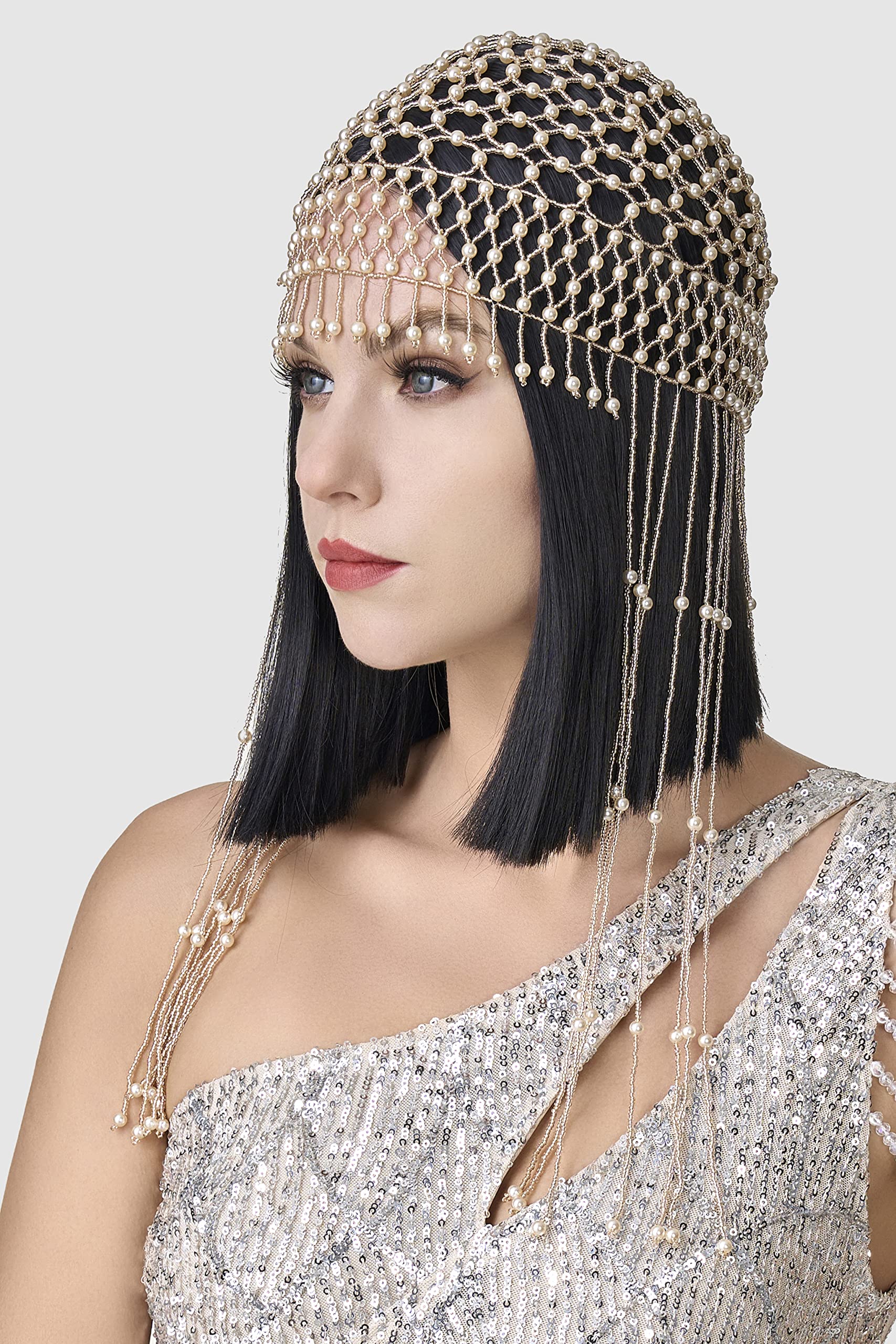 BABEYOND 1920s Pearl Flapper Cap Headpiece Roaring 20s Gatsby Pearl Head Chain (Rose Gold)