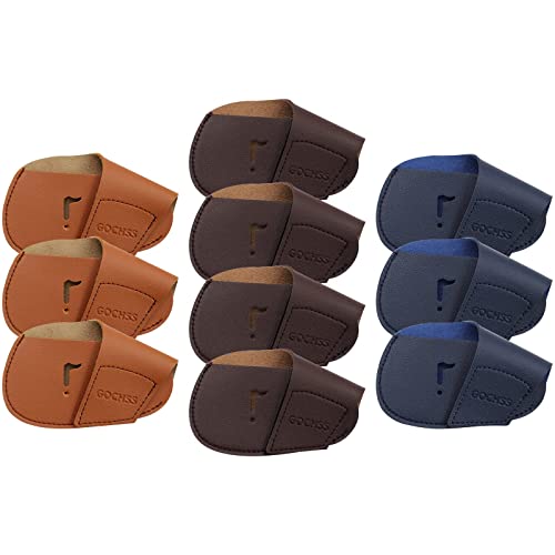 GOCHSS I Golf Iron Headcovers 10pcs PU Fit Both Right-Handed Clubs Golf Club Protector for Titleist Callaway Ping Taylormade Fit More Brands Golf Iron. (Yellow+Dark Blue+Brown)