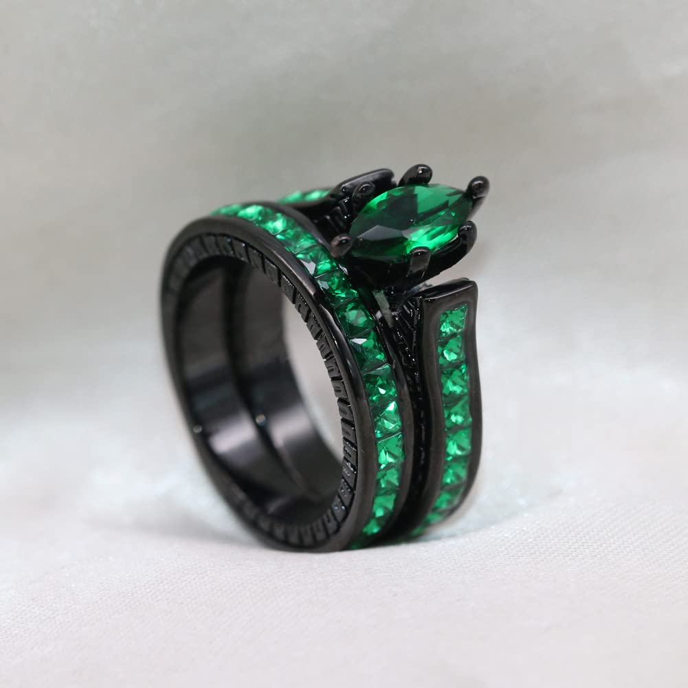 ringheart His and Her Couple Rings Black Matching Ring 1.5ct Green CZ Women Wedding Ring Sets for Him and Her