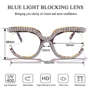 Rmerom Blue Light Blocking Oversized Glasses Stylish Fake Round Eyeglasses for Women UV400 Protection Eyewear GVA9051 (Leopard/Anti-blue/W Diamond)