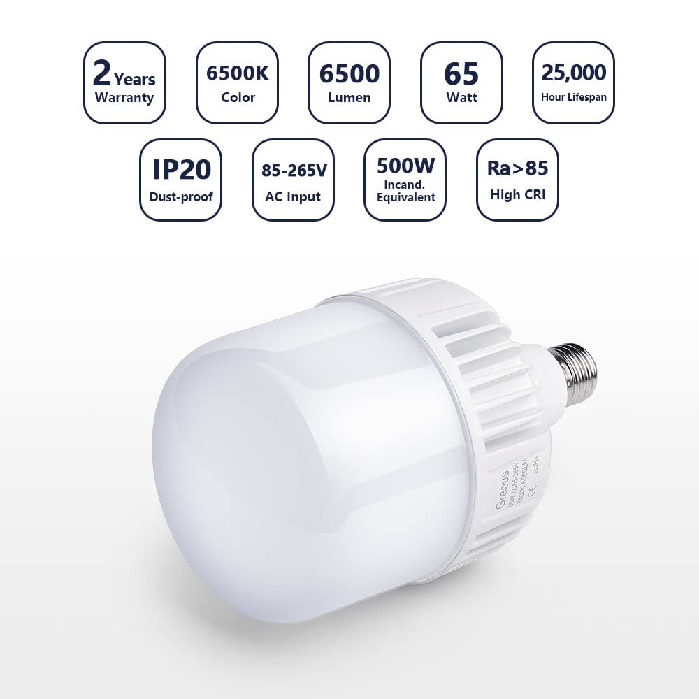 400W-500W Equivalent LED Light Bulb, Bright White Bulbs 6500K 65Watt High Lumen, Cool Daylight White E26/E27 Medium Base for Garage Warehouse Factory Workshop Street Backyard Large Area