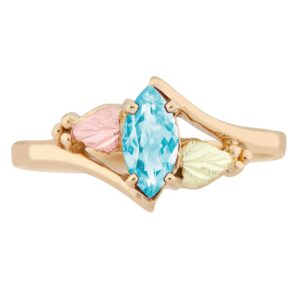 Synthetic Aquamarine Marquise March Birthstone Bypass Ring, 10k Yellow Gold, 12k Green and Rose Gold Black Hills Gold Size 8.5