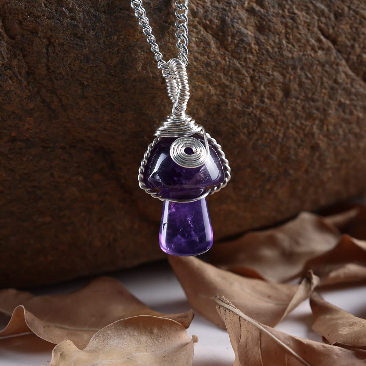 Tsnamer Mushroom Crystal Necklace Wire Wrapped Crystal Mushroom Pendant Necklace for Women Jewelry Gifts (Amethyst Silver)