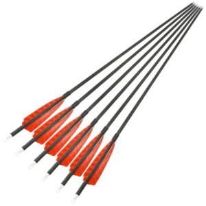 30 inch Archery Carbon Arrows Hunting Arrows with 4" Camo Feather Fletching 100 Grain Replaceable Points Targeting Practice Arrows Spine 500 for Recurve Bow Compound Bow Longbow (12 pcs, Orange)