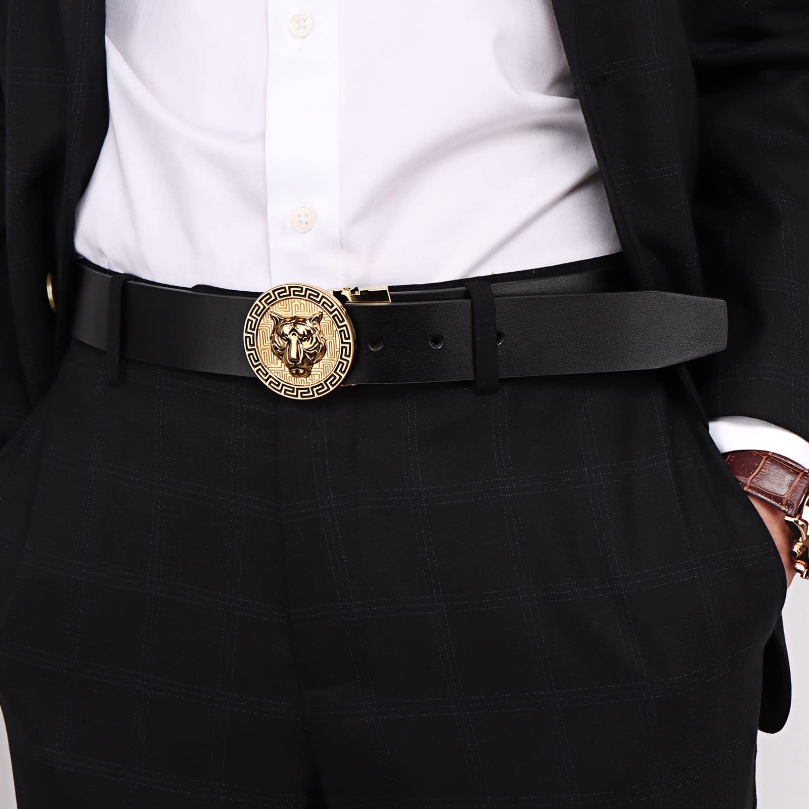 JEKIXHUA Men's Luxury Gold Tiger Buckle Cowhide Leather Dress Belt fit 44" Adjustable (Tiger 1, 22" - 42" Waist Adjustable)