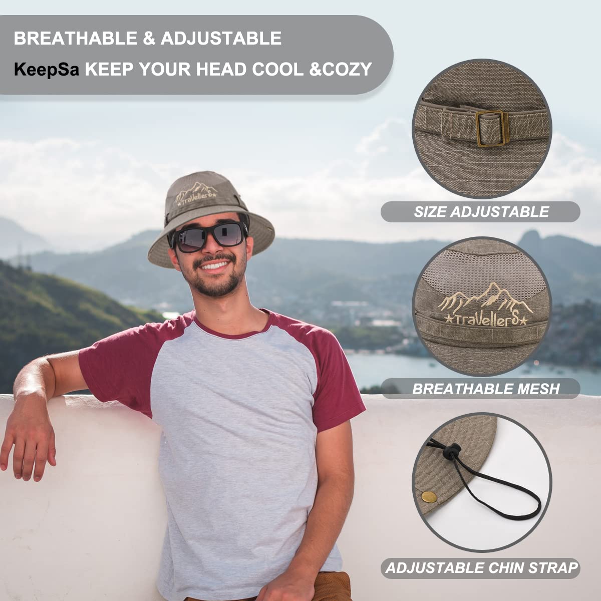 KeepSa Sun Hat for Men, Cotton Embroidery Summer Outdoor Sun Protection Wide Brim Bucket Hat Foldable Safari Boonie Hat Khaki