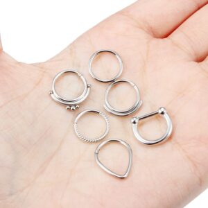 Vsnnsns 16G Septum Ring Septum Piercing Jewelry CZ Septum Clicker Ring Stainless Steel Hinged Segment Septum Nose Rings Hoop Piercing Jewelry for Women Men 16 Gauge Silver 10mm 6pcs