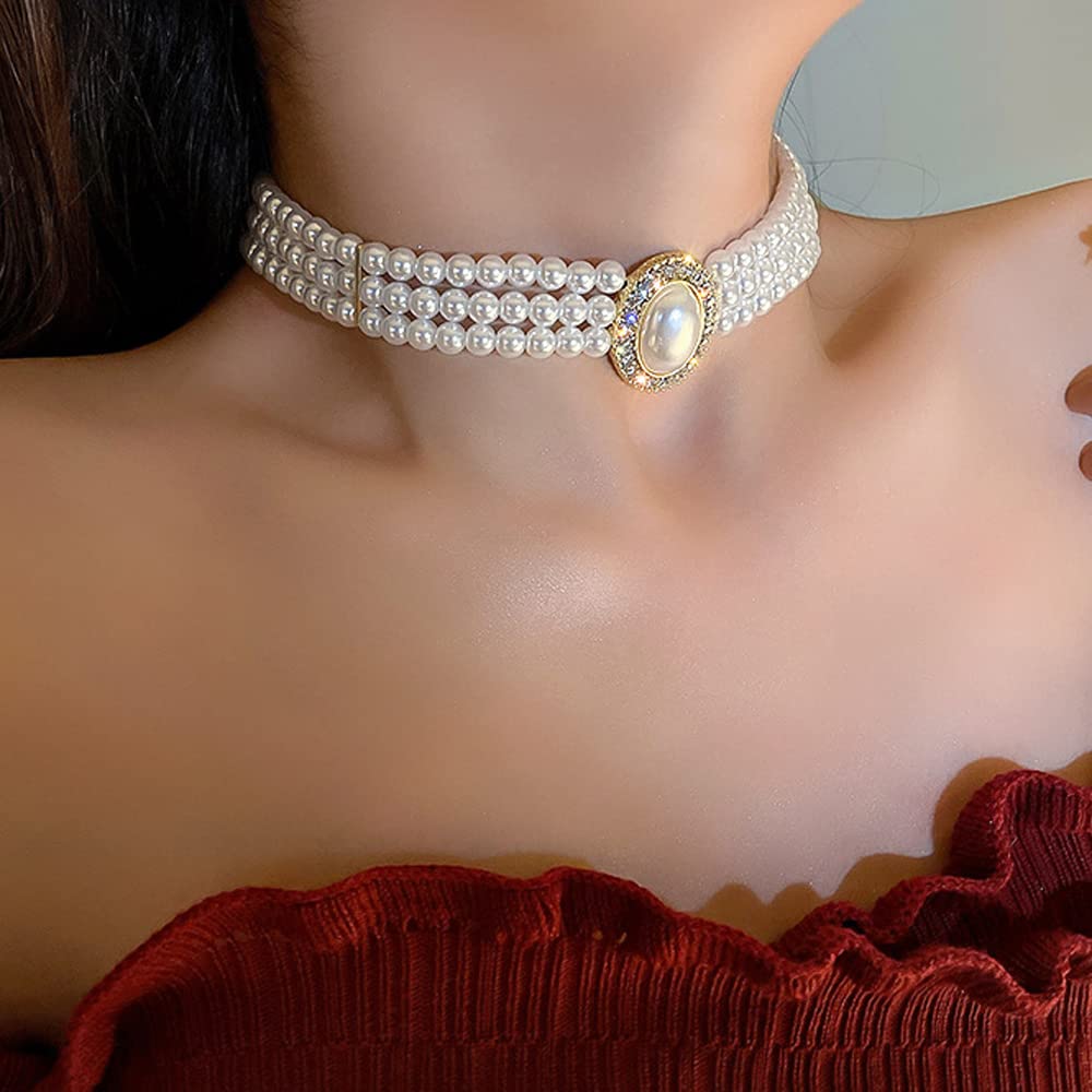 Octwine Boho 3 Tier Multilayer Dainty Rhinestones Pearls Chunky Short 1920s Choker Necklace