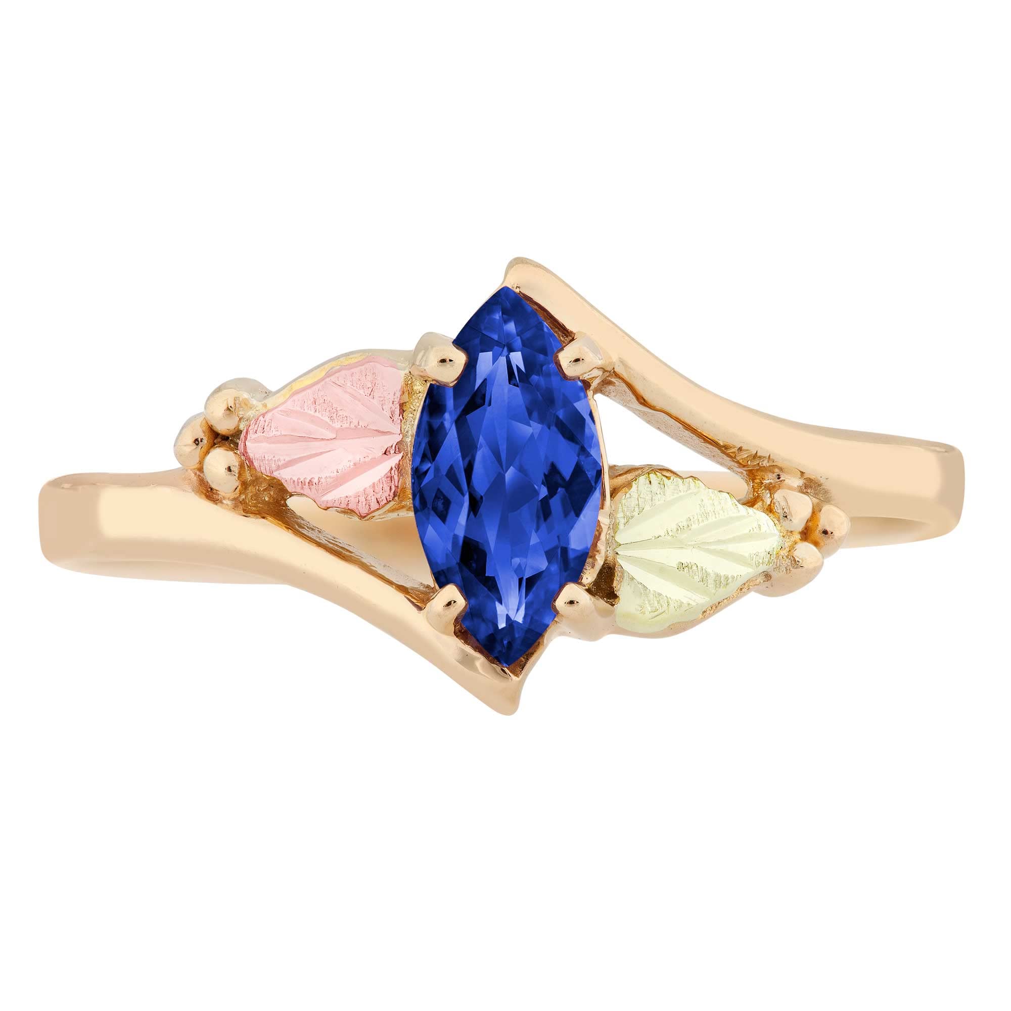 Synthetic Blue Spinel Marquise September Birthstone Bypass Ring, 10k Yellow Gold, 12k Green and Rose Gold Black Hills Gold Size 7.25