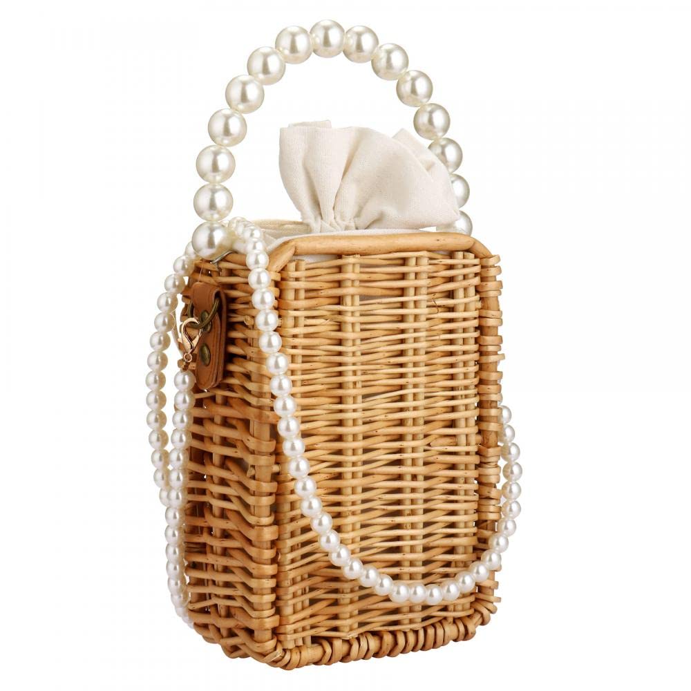 Rattan Bag, Summer Tote Bag, Beach Bag Purse for Women, Top Handle Handbag, Pearl Purse