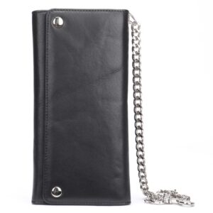 NIUCUNZH Mens Genuine Leather Trifold Wallet with Chain, Biker Trucker wallet with Long Heavy Duty Chain Black