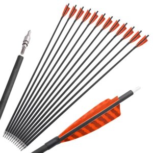 30 inch Archery Carbon Arrows Hunting Arrows with 4" Camo Feather Fletching 100 Grain Replaceable Points Targeting Practice Arrows Spine 500 for Recurve Bow Compound Bow Longbow (12 pcs, Orange)