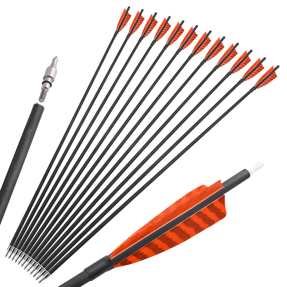 30 inch Archery Carbon Arrows Hunting Arrows with 4" Camo Feather Fletching 100 Grain Replaceable Points Targeting Practice Arrows Spine 500 for Recurve Bow Compound Bow Longbow (12 pcs, Orange)