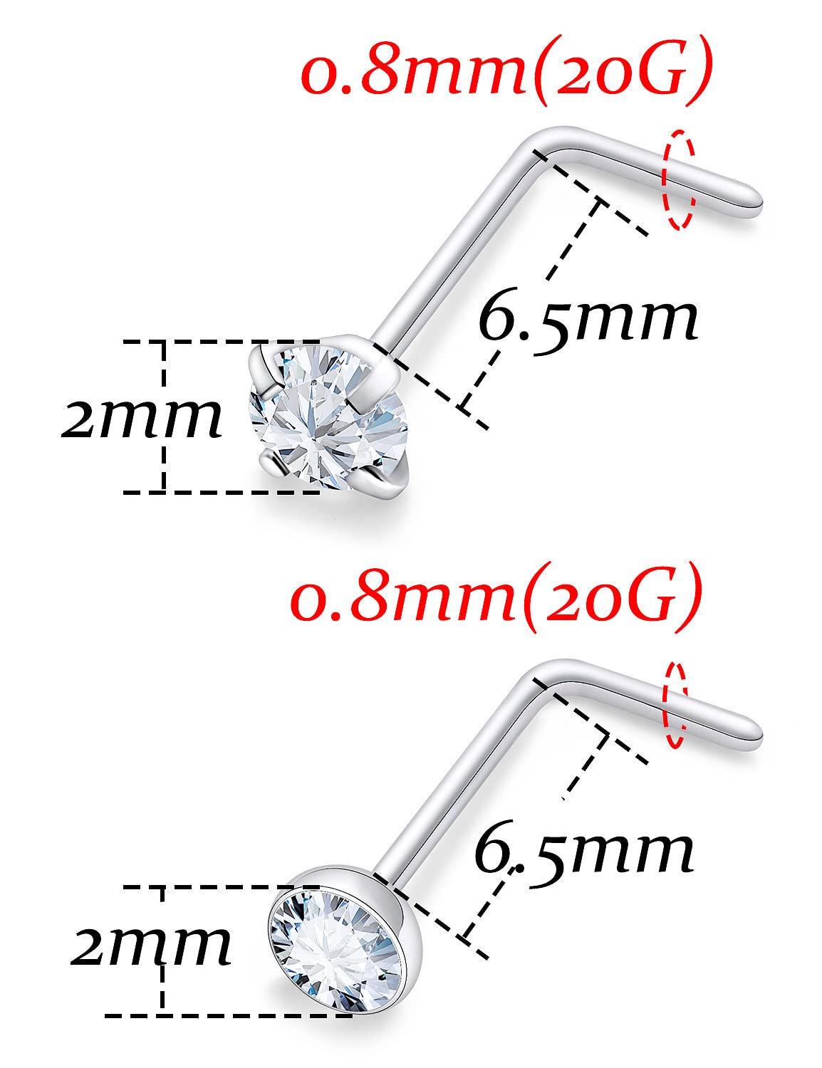 Vsnnsns 20G Nose Rings for Women Men 316L Surgical Stainless Steel L Shaped Nose Studs Screw Bone Nose Rings Piercings 20 Gauge Nostril Piercing Nose Studs Jewelry Diamond CZ 2mm Silver