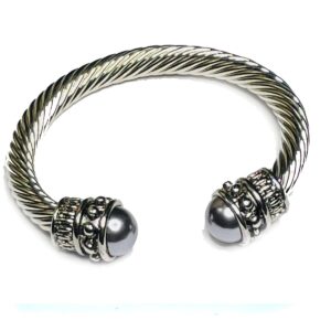 Woke Creations Grand Silver Plated Twisted Cable Bangle Cuff Bracelet Black Pearl Statement Accents