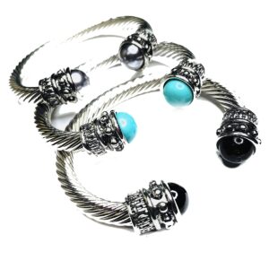 Woke Creations Grand Silver Plated Twisted Cable Bangle Cuff Bracelet Black Pearl Statement Accents