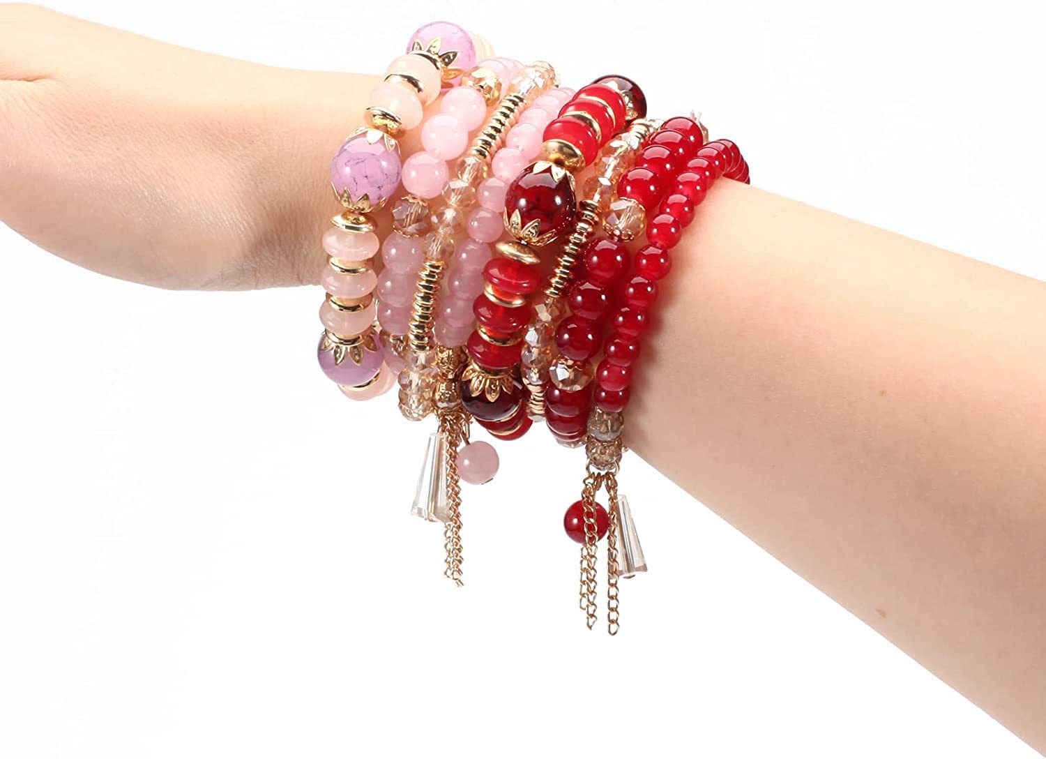 8 Packs Beaded Bracelet Bohe Multilayer Chain Tassel Stackable Charm Stretch Statement Bracelet Set