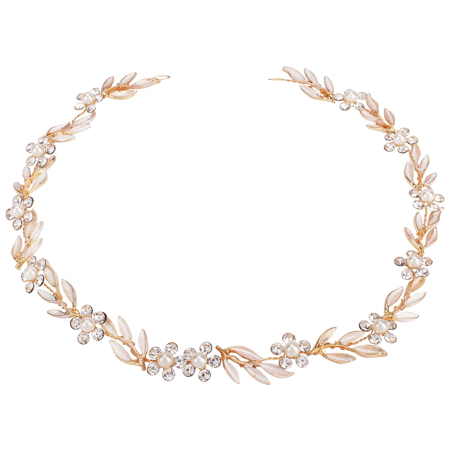 Didder Bride Leaf Pearl Crystal Gold Hair Vine Headband with Flowers - Wedding Bridal Headpiece Jewelry for Women and Girls