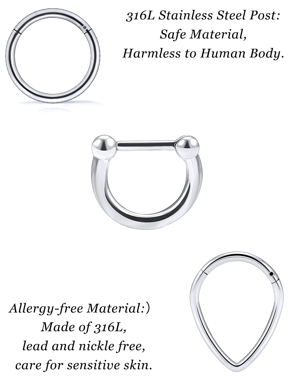 Vsnnsns 16G Septum Ring Septum Piercing Jewelry CZ Septum Clicker Ring Stainless Steel Hinged Segment Septum Nose Rings Hoop Piercing Jewelry for Women Men 16 Gauge Silver 10mm 6pcs