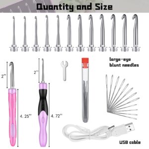 Lighted Crochet Hooks Set USB Rechargeable Crochet Hook with Light Metal 2 mm to 8 mm 12 Size Interchangeable Heads Light Large Eye Blunt Needle with Case for DIY Craft Supplies Beginner Yarn Knitting