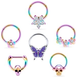 vsnnsns 16g septum ring septum piercing jewelry cz septum clicker ring stainless steel hinged segment septum nose rings hoop piercing jewelry for women men 16 gauge rainbow 10mm 6pcs