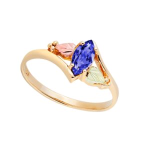 Synthetic Blue Spinel Marquise September Birthstone Bypass Ring, 10k Yellow Gold, 12k Green and Rose Gold Black Hills Gold Size 7.25