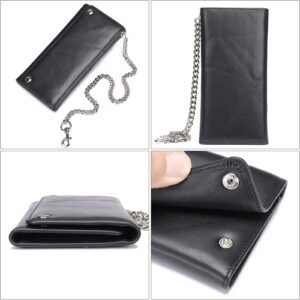 NIUCUNZH Mens Genuine Leather Trifold Wallet with Chain, Biker Trucker wallet with Long Heavy Duty Chain Black