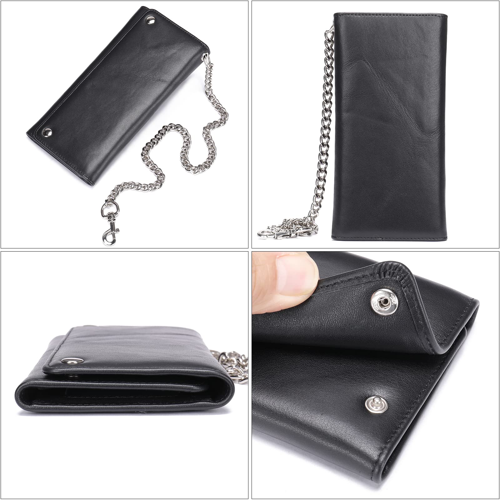 NIUCUNZH Mens Genuine Leather Trifold Wallet with Chain, Biker Trucker wallet with Long Heavy Duty Chain Black