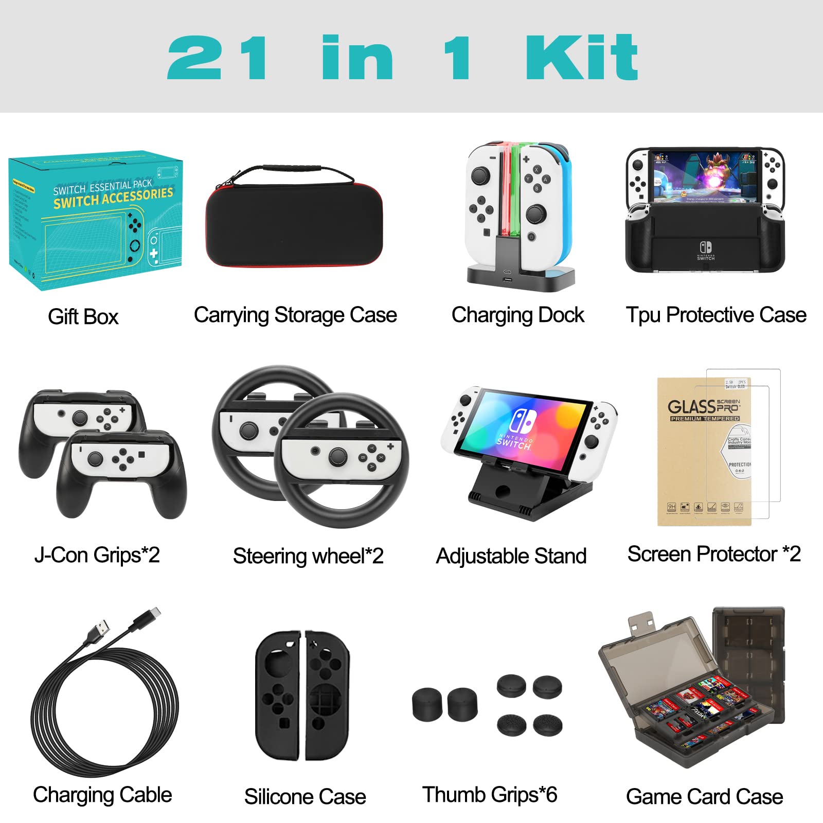 Accessories Kit for Nintendo Switch OLED Games Bundle Carrying Case Screen Protector TPU Case Charging Dock Playstand Game Case USB Cable J-Con Wheels Grips Skin Caps for Nintendo Switch OLED(21 in 1)