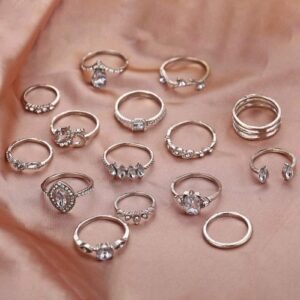 15pcs Vintage Star & Moon Knuckler Ring Silver Joint Knuckle Ring Set for Women and Girls, Midi Ring Bohemian Knuckle Ring Sets Fashion Finger Vintage Silver Stackable Rings Knuckle Midi Rings Silver