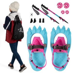 g2 16 inch kids snowshoes set with trekking poles, snow baskets, storage bag, fast ratchet binding design, for child youth boys and girls (blue)