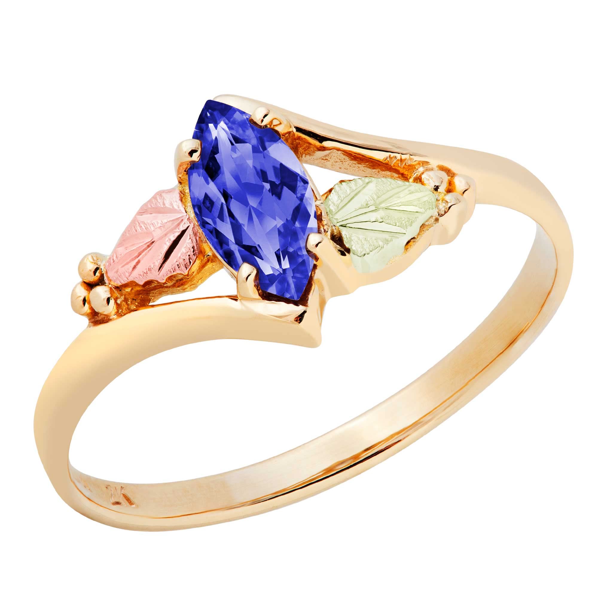 Synthetic Blue Spinel Marquise September Birthstone Bypass Ring, 10k Yellow Gold, 12k Green and Rose Gold Black Hills Gold Size 7.25