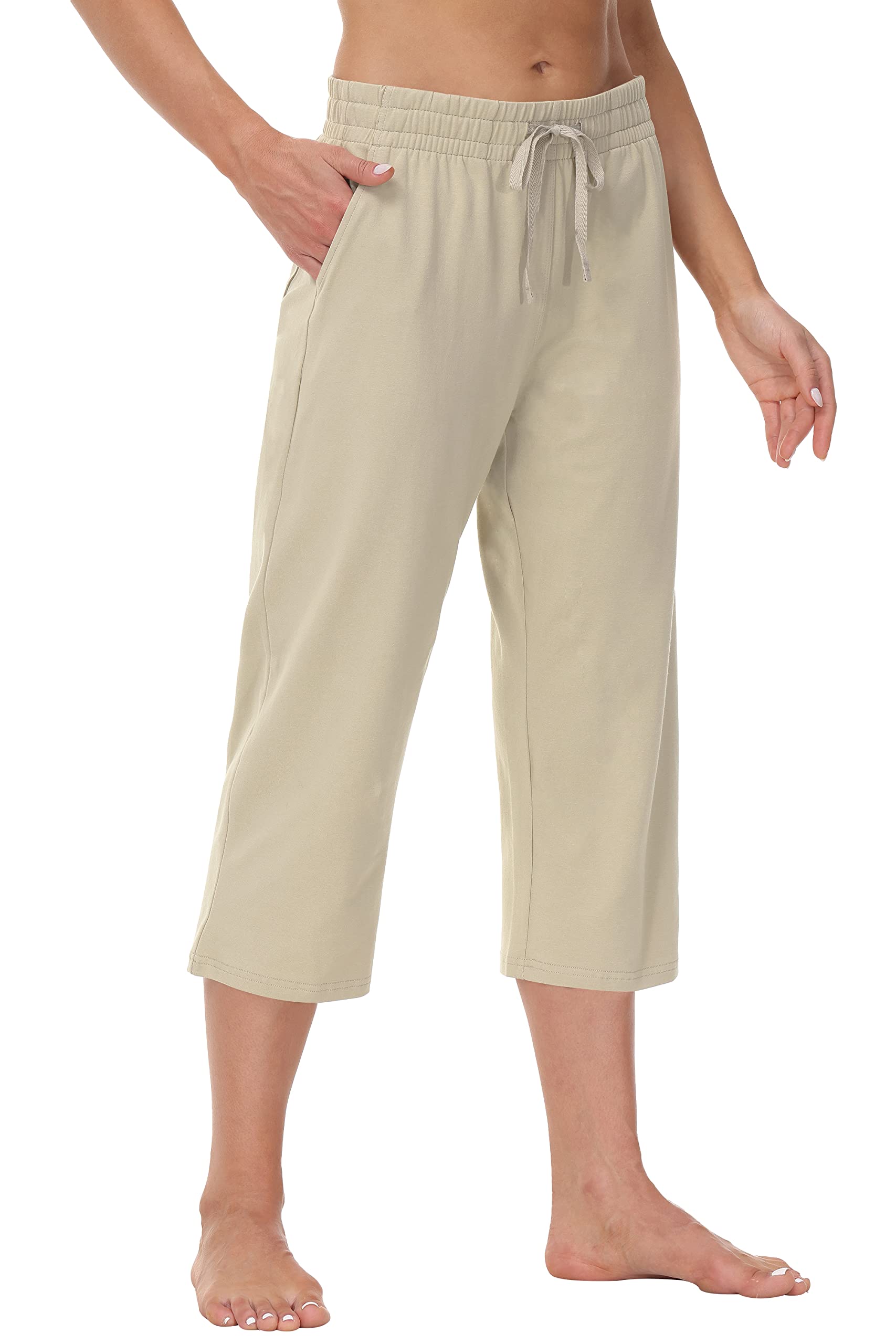 Cakulo 2024 Summer Capri Pants for Women High Waisted Casual Drawstring Wide Leg Cropped Lounge Pants Pockets