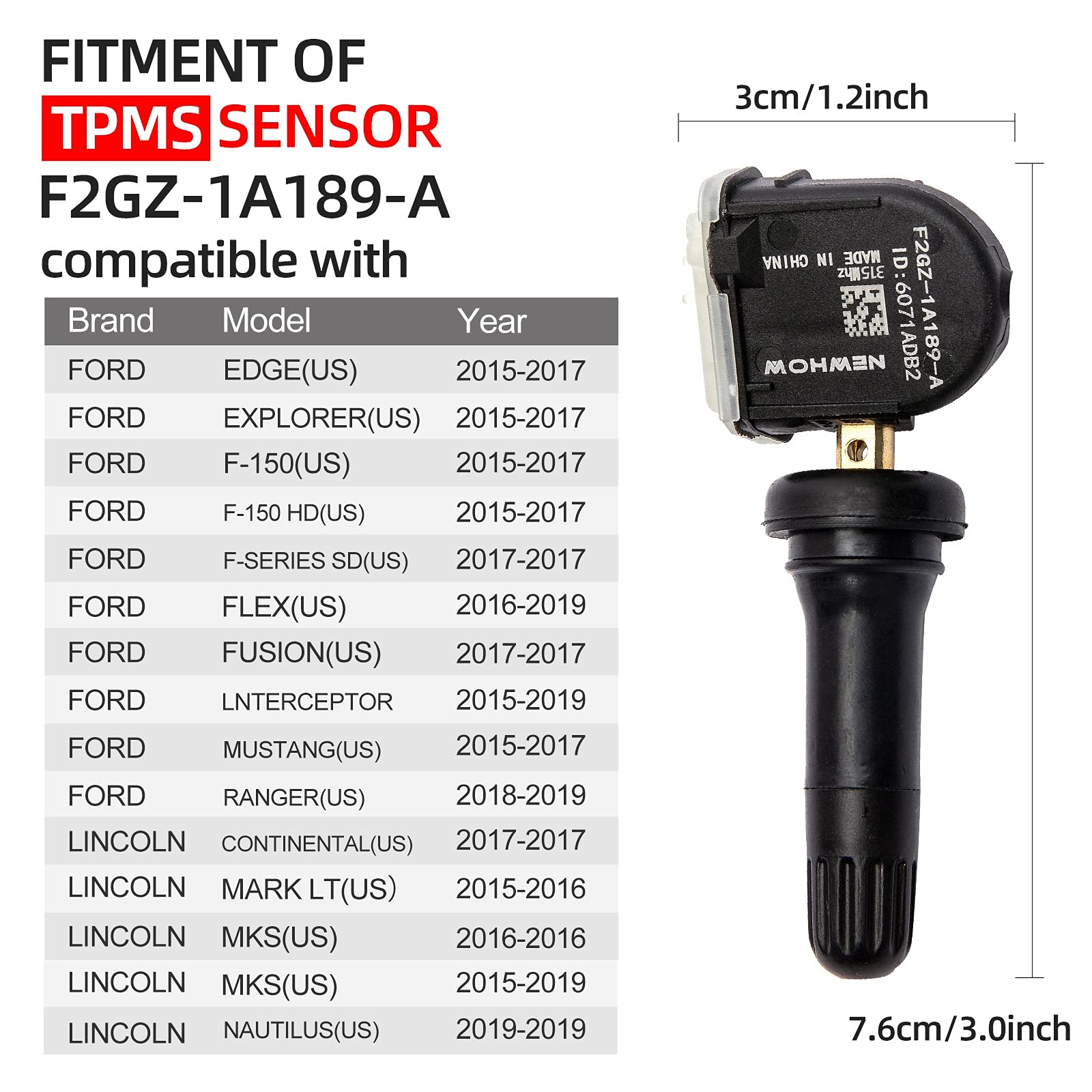 NEWHOW F2GZ-1A189-A,F2GT-1A180-AB,TPMS35 315MHz Programmed Replacement Tire Pressure Monitoring System (TPMS) Sensor for Ford Lincoln Set of 4