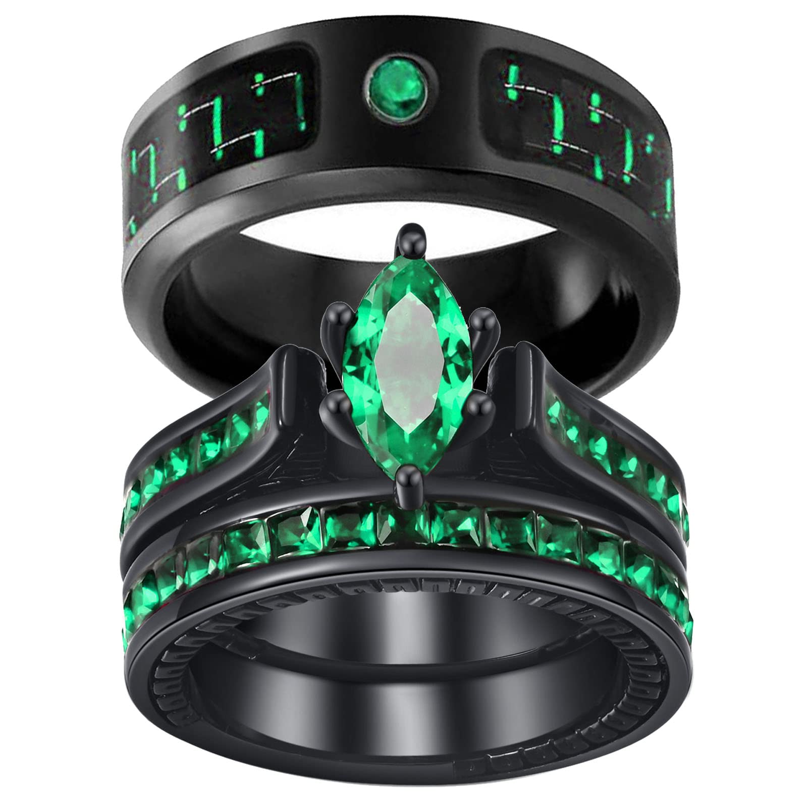 ringheart His and Her Couple Rings Black Matching Ring 1.5ct Green CZ Women Wedding Ring Sets for Him and Her