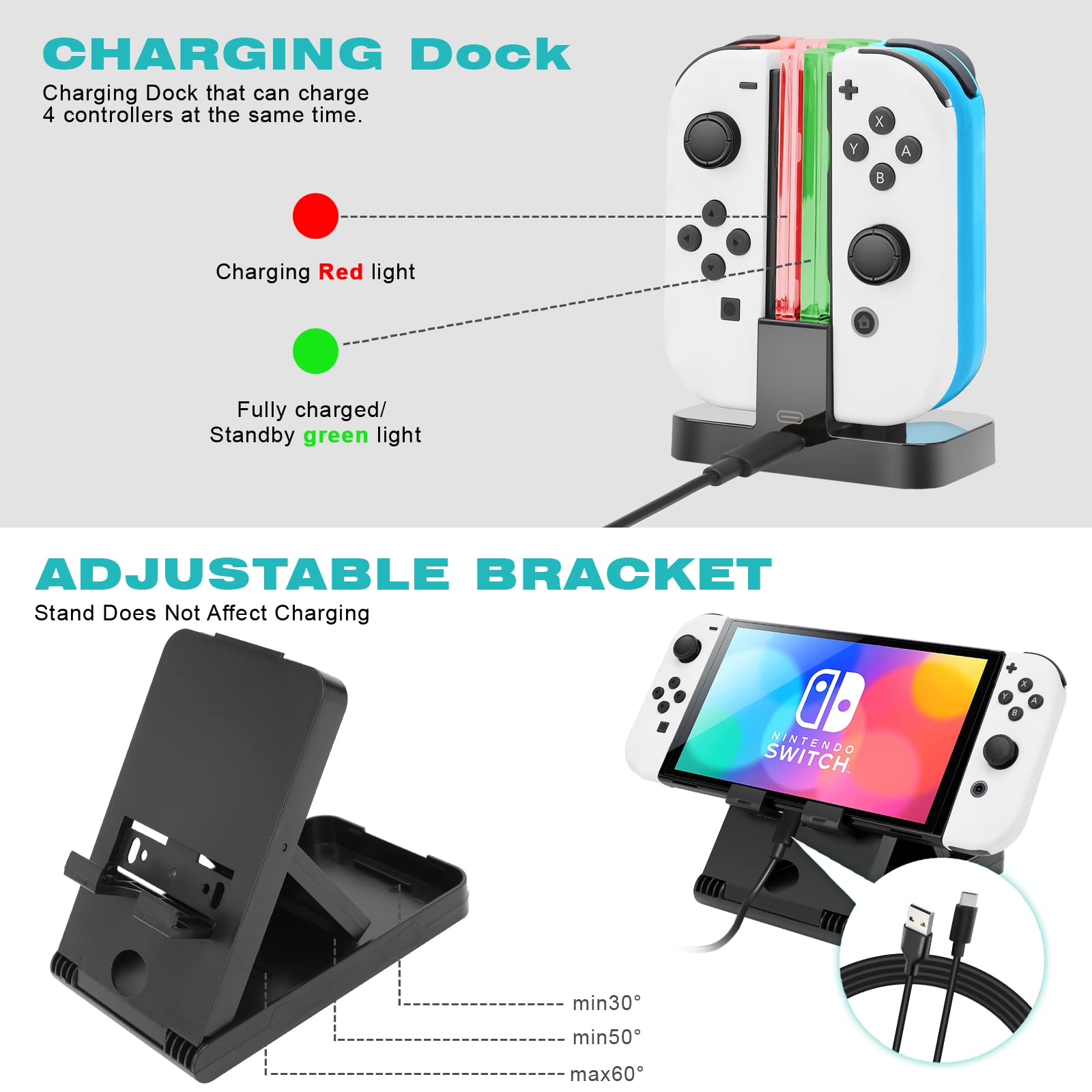 Accessories Kit for Nintendo Switch OLED Games Bundle Carrying Case Screen Protector TPU Case Charging Dock Playstand Game Case USB Cable J-Con Wheels Grips Skin Caps for Nintendo Switch OLED(21 in 1)