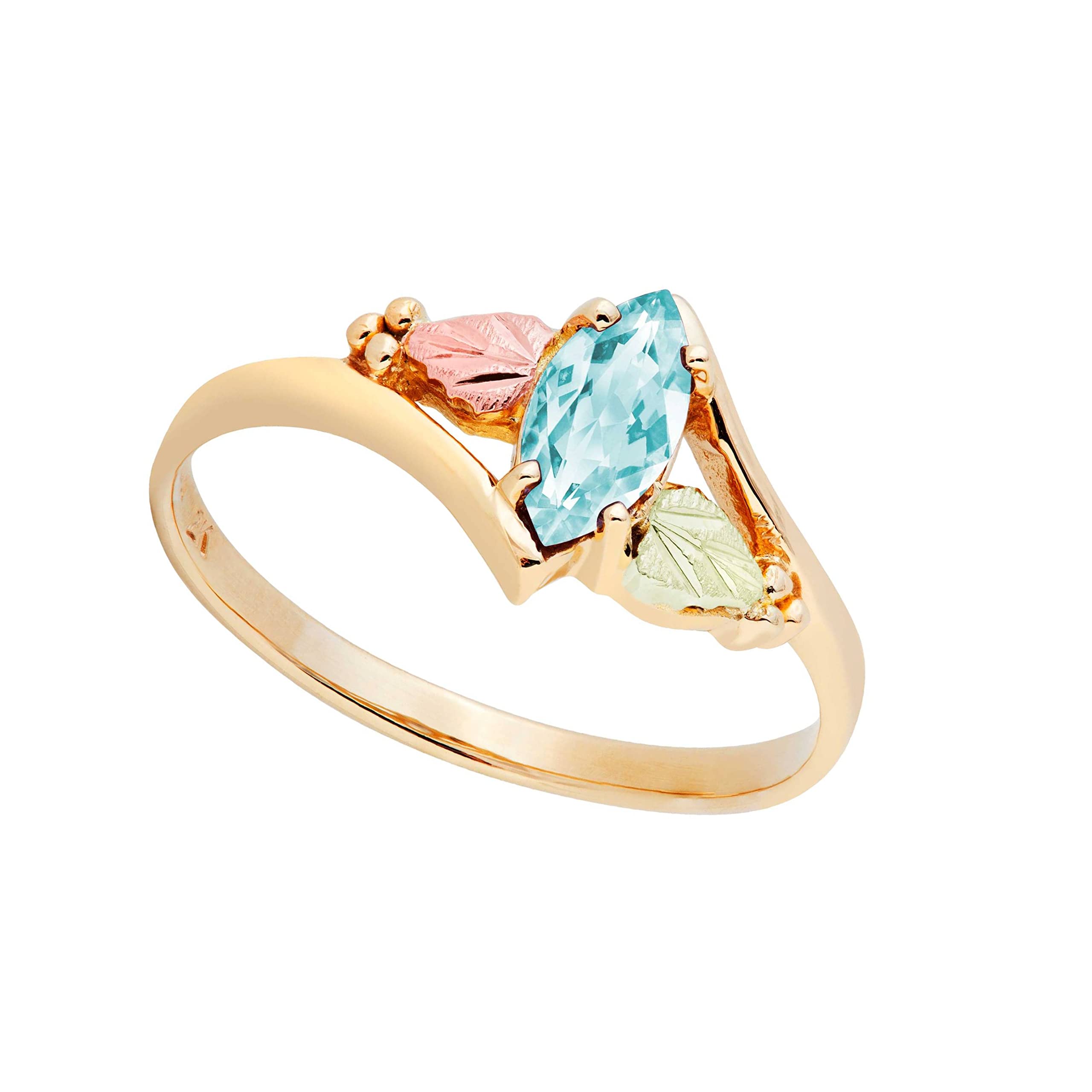 Synthetic Aquamarine Marquise March Birthstone Bypass Ring, 10k Yellow Gold, 12k Green and Rose Gold Black Hills Gold Size 8.5