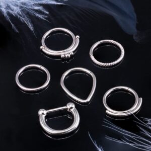 Vsnnsns 16G Septum Ring Septum Piercing Jewelry CZ Septum Clicker Ring Stainless Steel Hinged Segment Septum Nose Rings Hoop Piercing Jewelry for Women Men 16 Gauge Silver 10mm 6pcs